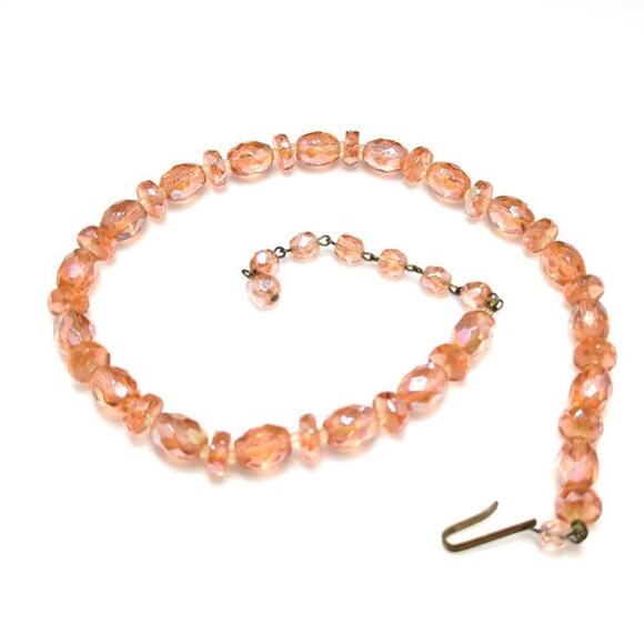 Vintage 1940s Peachy Pink Crystal Beaded Choker Necklace, Hand Cut Crystal, 15" - Picture 8 of 12